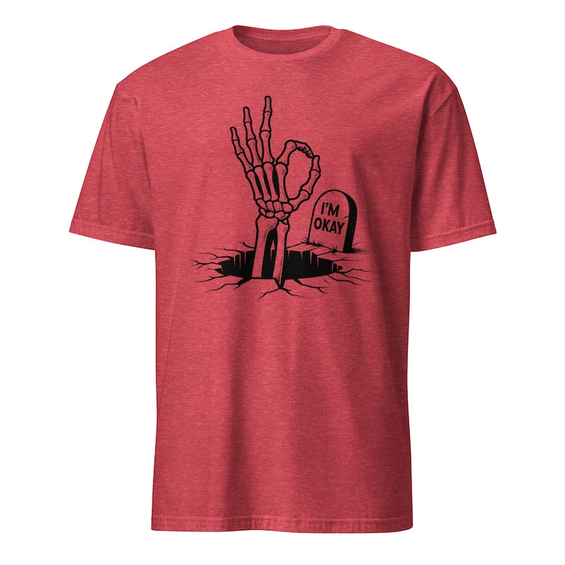 Red t-shirt with black skeleton hand and tombstone graphic on a white background