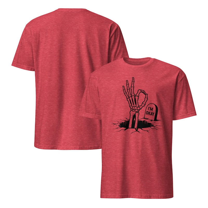 Red t-shirt with skeleton hand and tombstone graphic on a white background