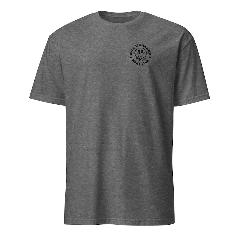 Gray t-shirt with a black logo on a white background