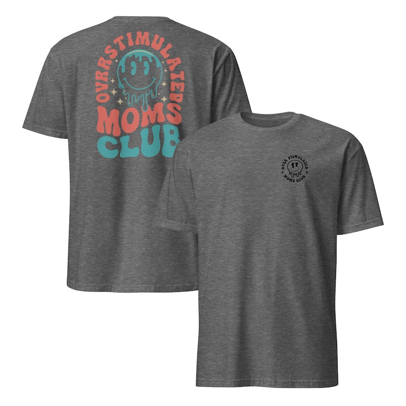 Gray t-shirt with colorful text and graphic on front and back
