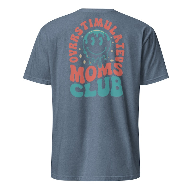 Blue t-shirt with colorful text and graphic on the back against a white background