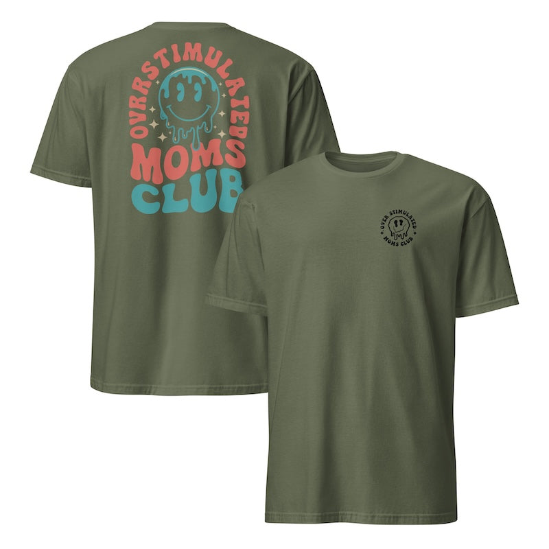 Green t-shirt with text and logo on front and back