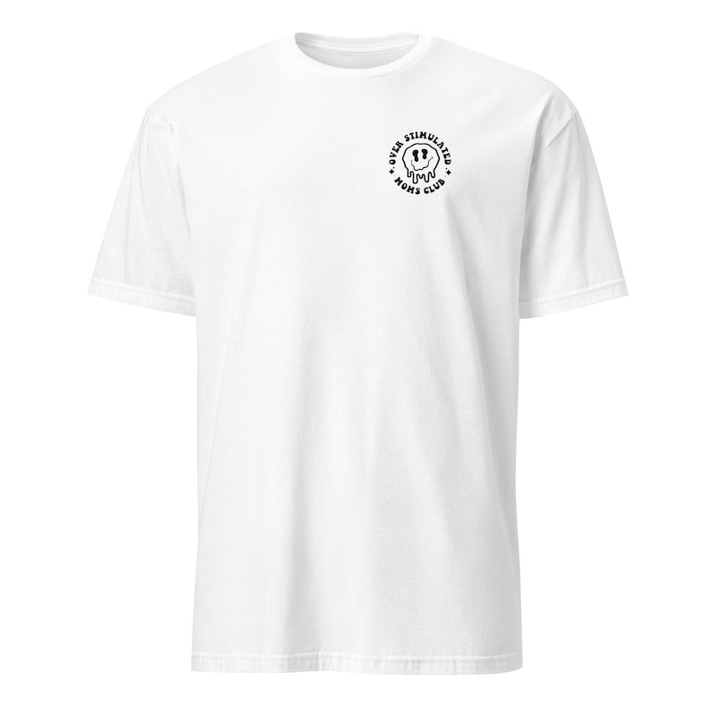 White t-shirt with a black logo on a white background