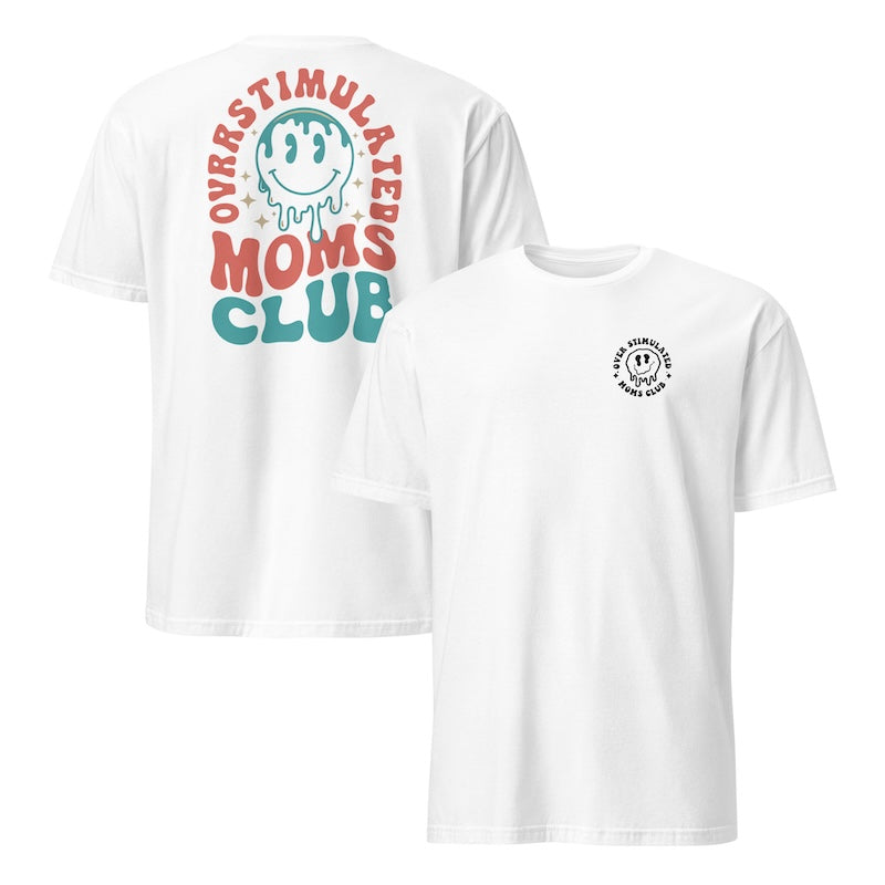 White t-shirt with colorful text and smiley face design on a white background