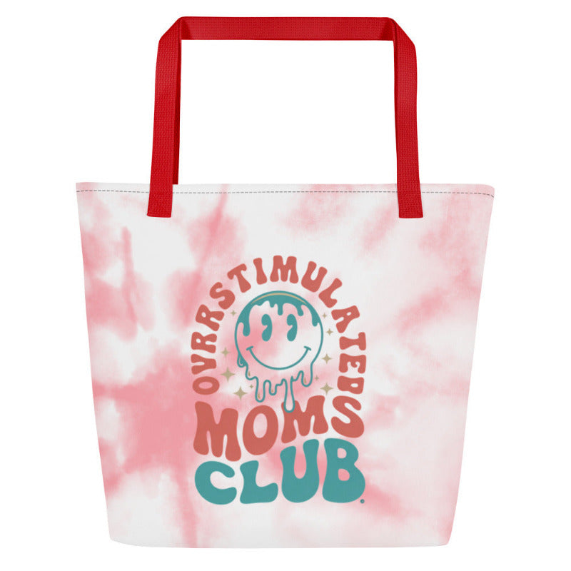 Tote bag with tie-dye pattern and 'Ovrastimulated Moms Club' text on a white background