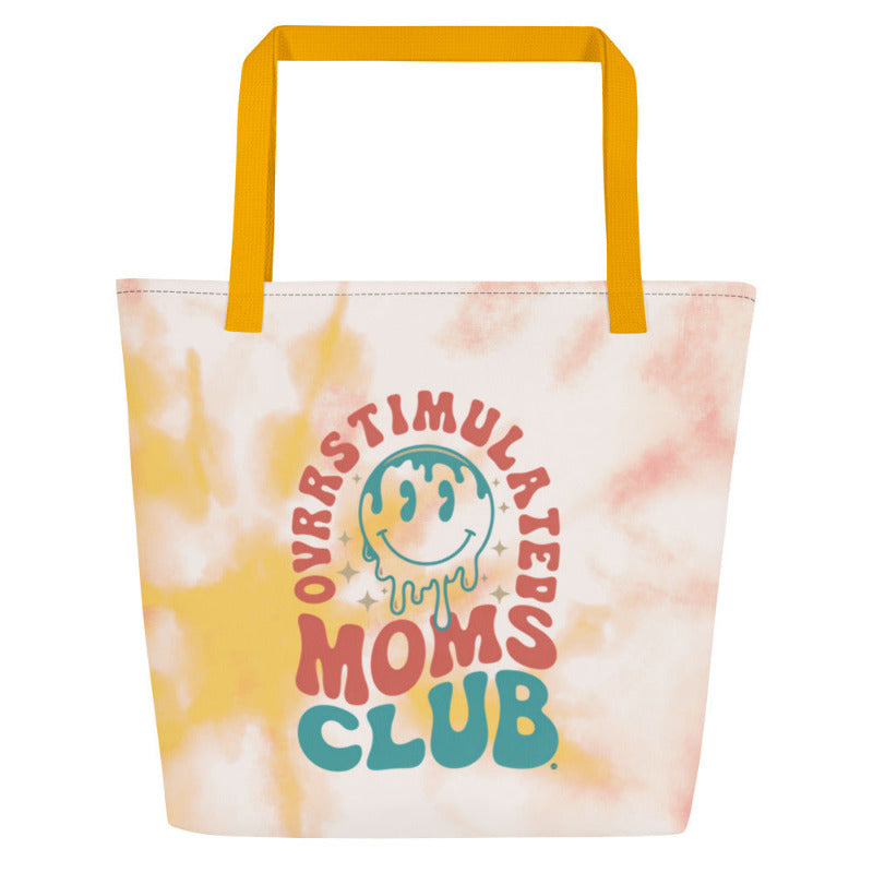 Tote bag with tie-dye design and 'Ourr Stimulated Moms Club' text on a white background
