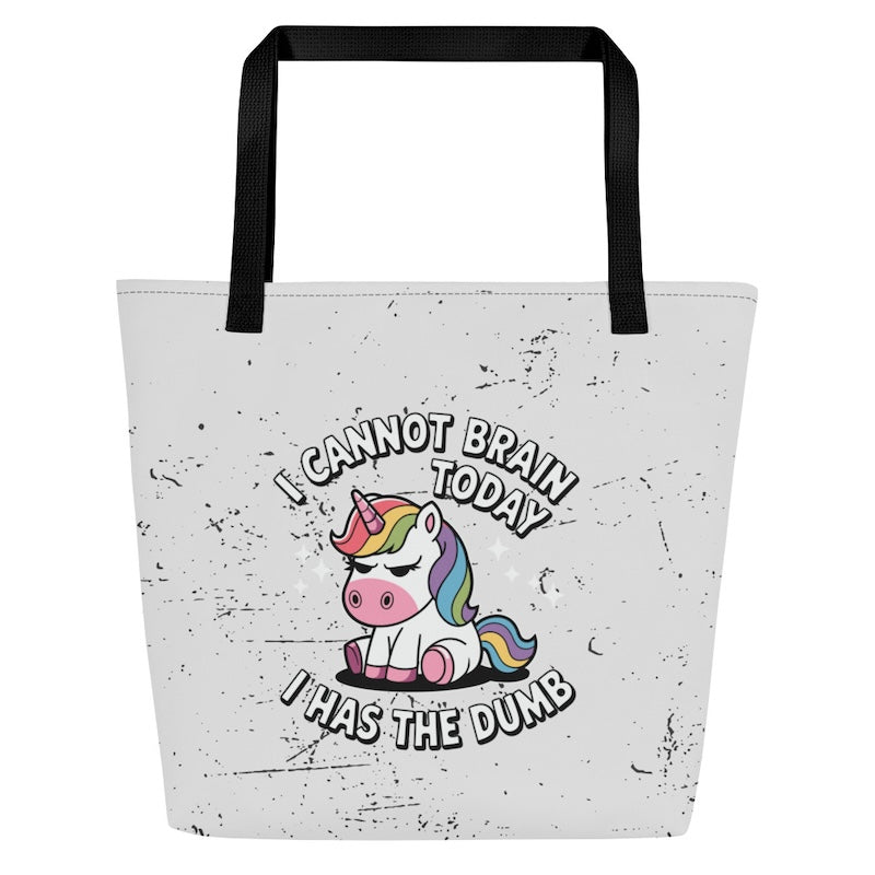 Tote bag with a unicorn graphic and humorous text on a white background