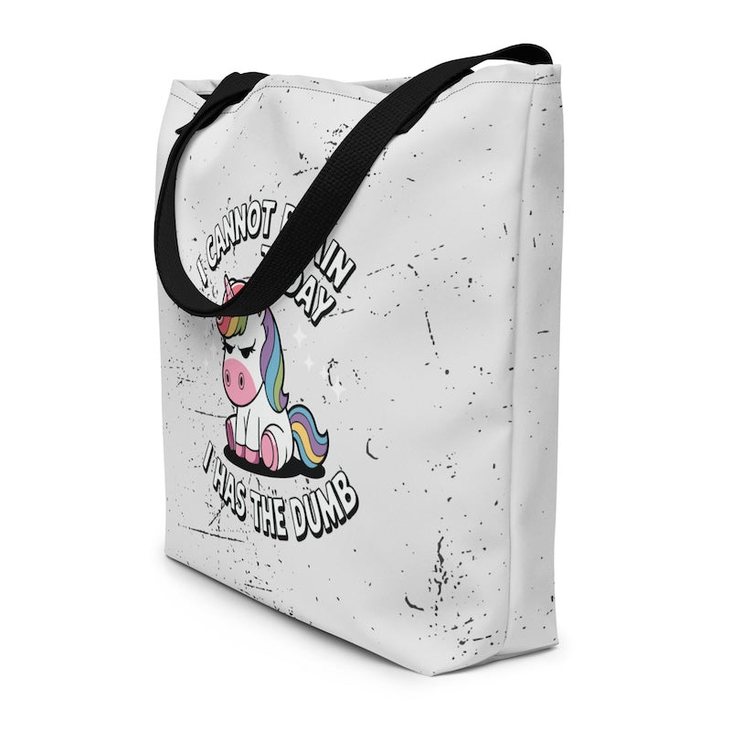 Tote bag with a unicorn graphic and text on a white background