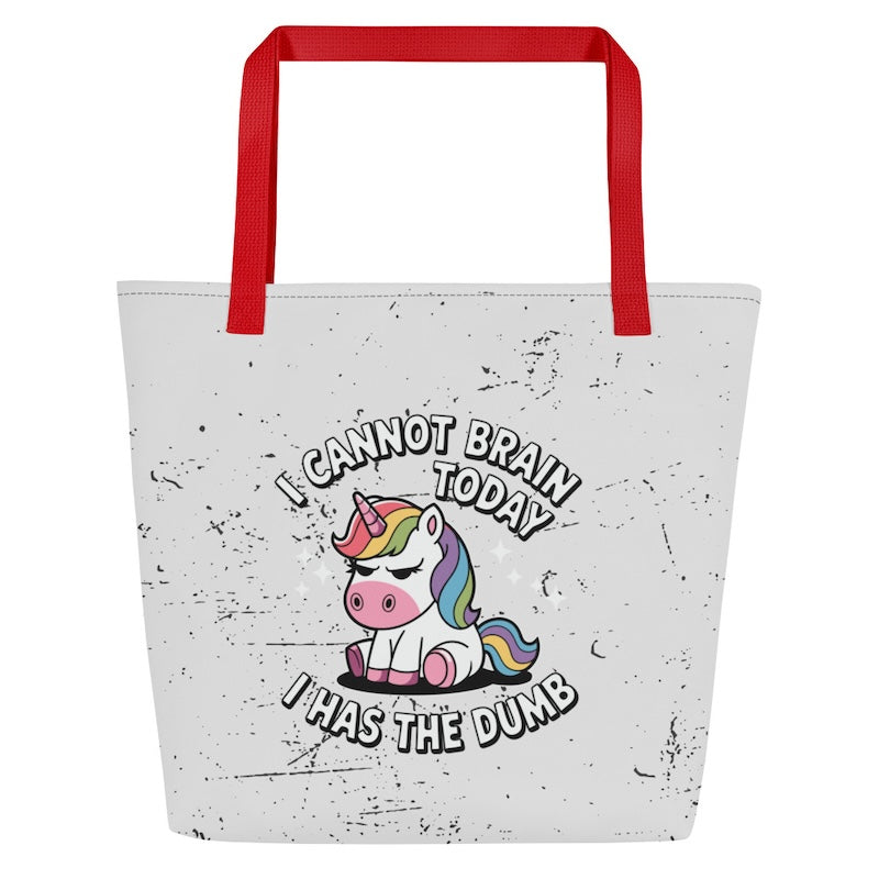 Tote bag with a unicorn graphic and humorous text on a white background