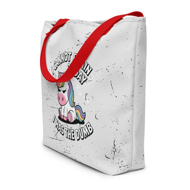 Tote bag with a unicorn graphic and text on a white background