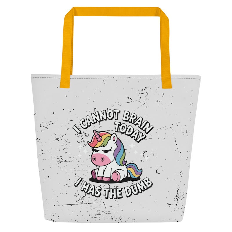 Tote bag with a unicorn graphic and humorous text on a white background