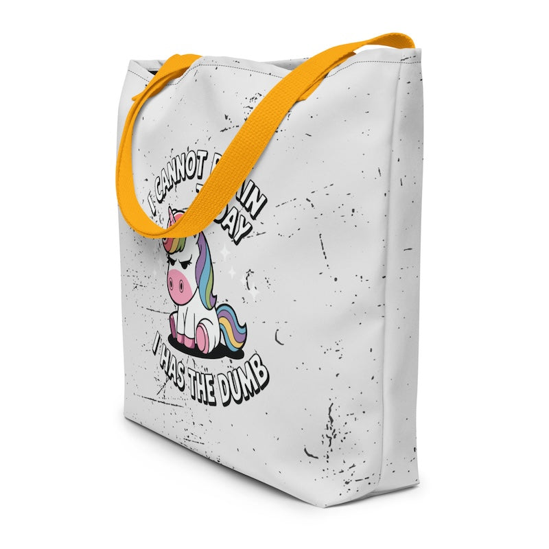 Tote bag with unicorn graphic and text on a white background