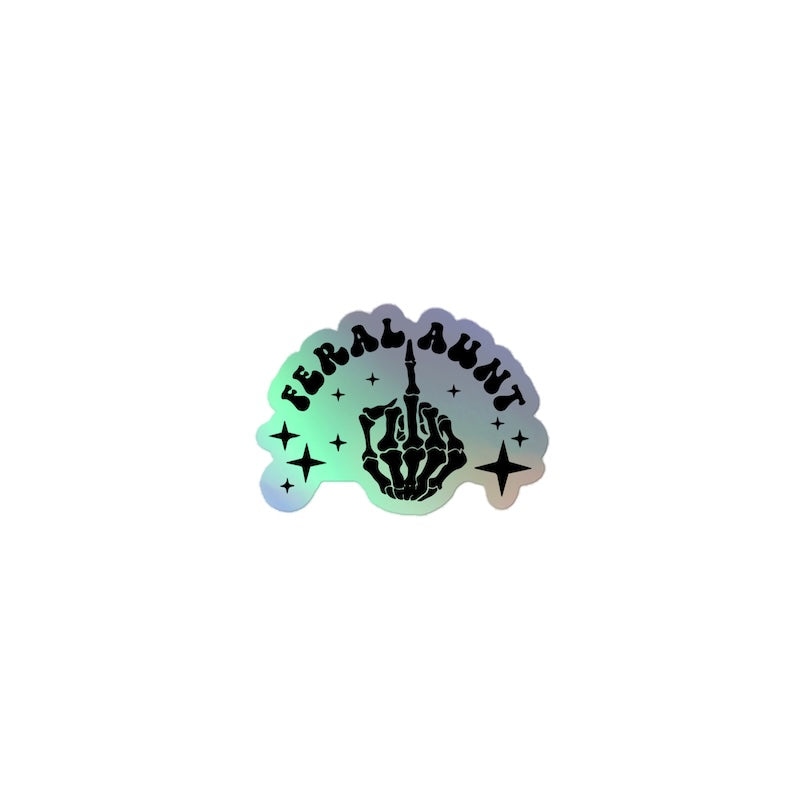 Gradient sticker with a skeleton hand and text on a white background