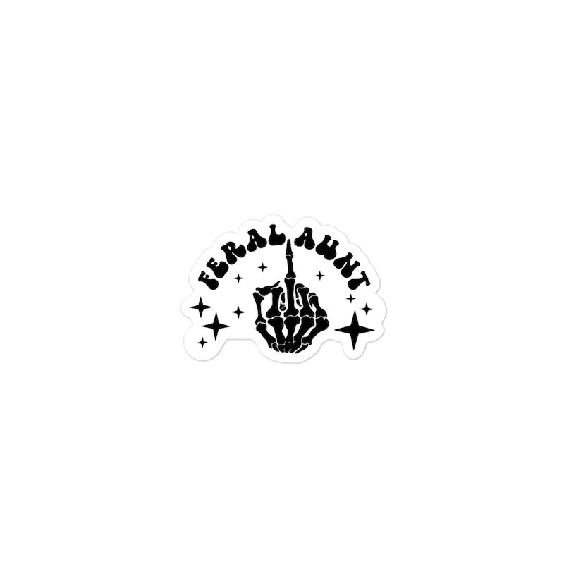 Sticker with skeleton hand giving the middle finger and 'Feral Hunt' text on a white background