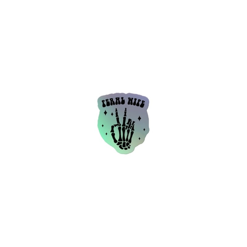Gradient sticker with skeleton hand and text on a white background