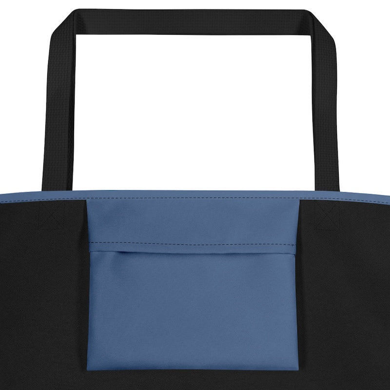 Black and blue tote bag with a pocket on a white background