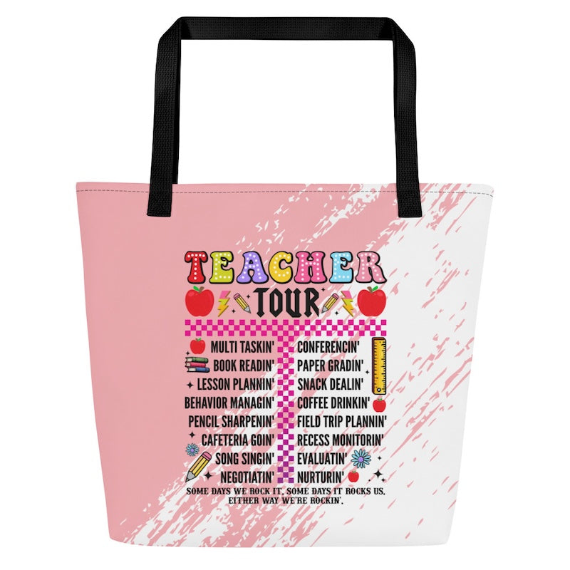 Tote bag with 'Teacher Tour' text and graphics on a pink and white background
