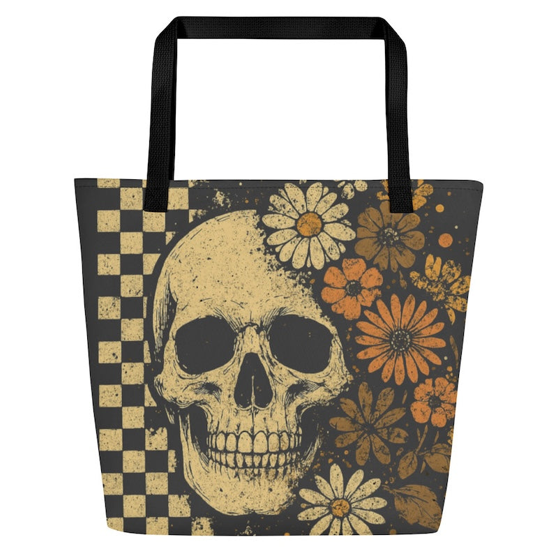 Tote bag with skull and floral design on a checkered background