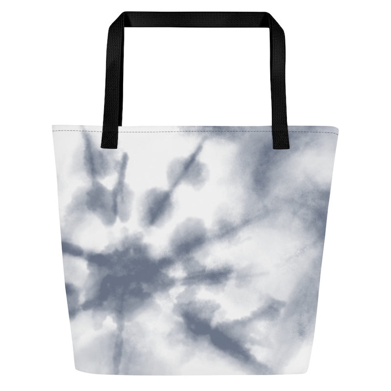 Tote bag with black handle featuring a cloud pattern on a white background