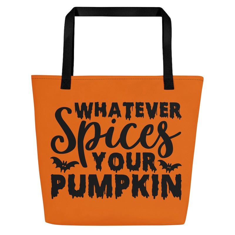 Orange tote bag with black text and bats on a white background