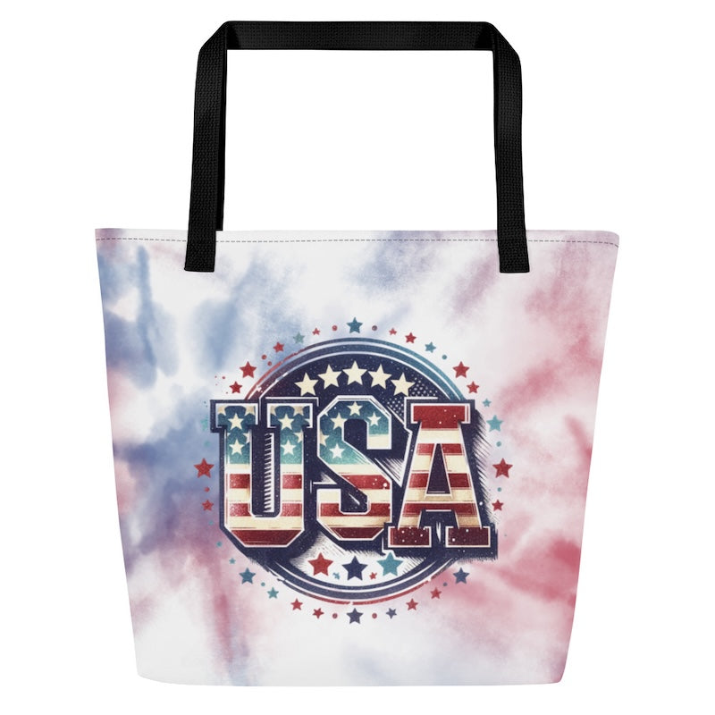 Tote bag with tie-dye pattern and 'USA' design on a white background