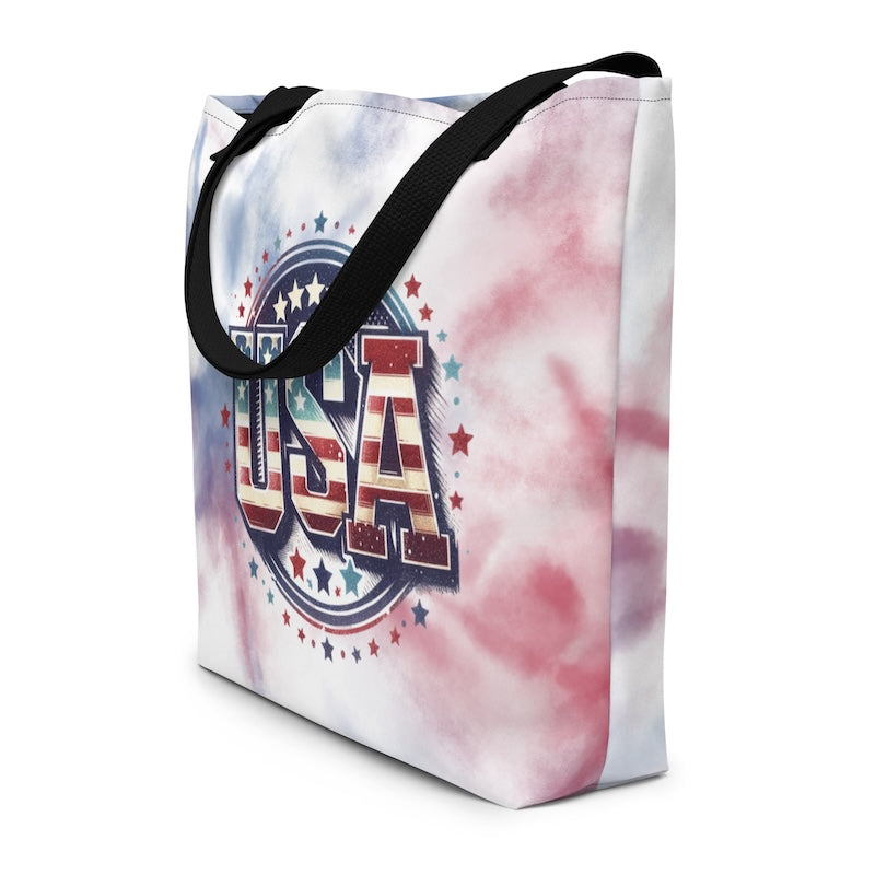 Tote bag with 'USA' design on a tie-dye background