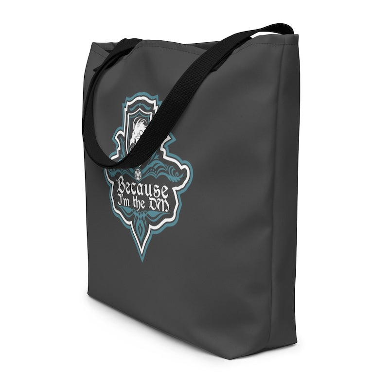 Black tote bag with a graphic design and text on a white background