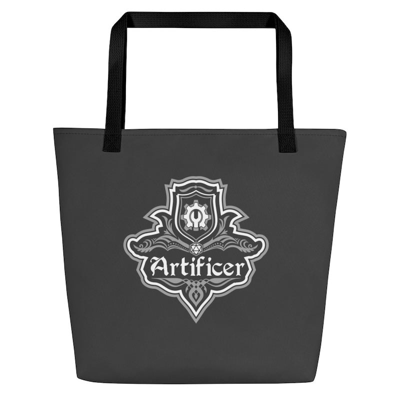 Black tote bag with 'Artificer' emblem on a white background