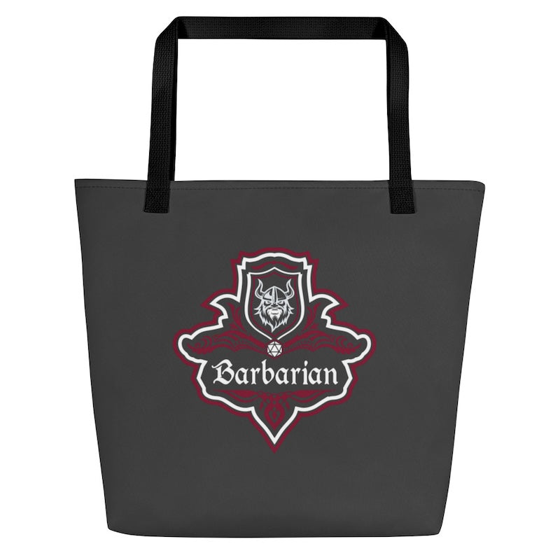 Black tote bag with 'Barbarian' logo on a white background