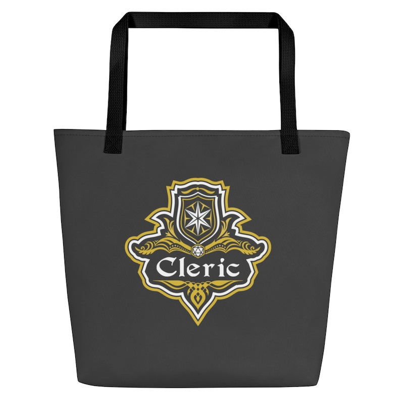 Black tote bag with 'Cleric' logo on a white background
