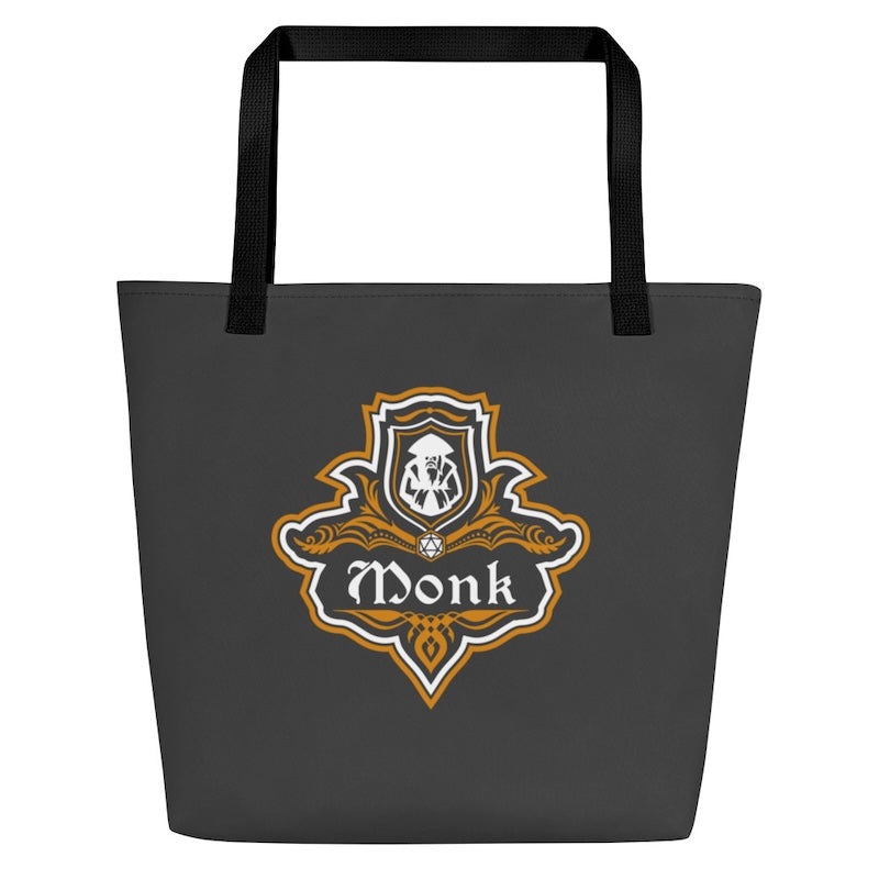 Black tote bag with 'Monk' logo on a white background