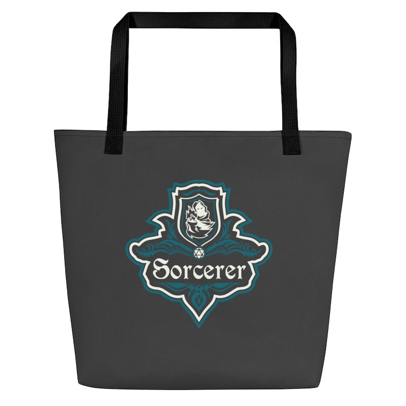 Black tote bag with 'Sorcerer' logo on a white background