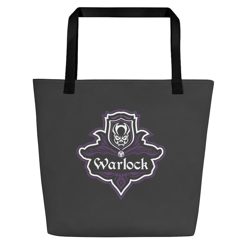 Black tote bag with a purple 'Warlock' logo on a white background