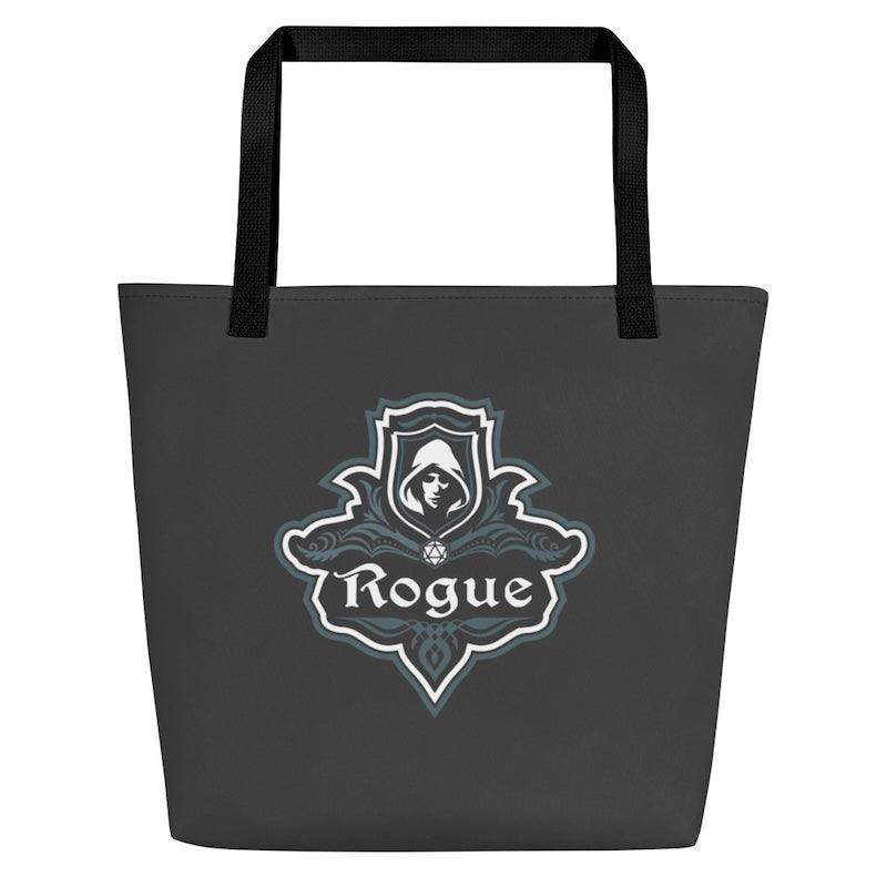 Black tote bag with 'Rogue' logo on a white background