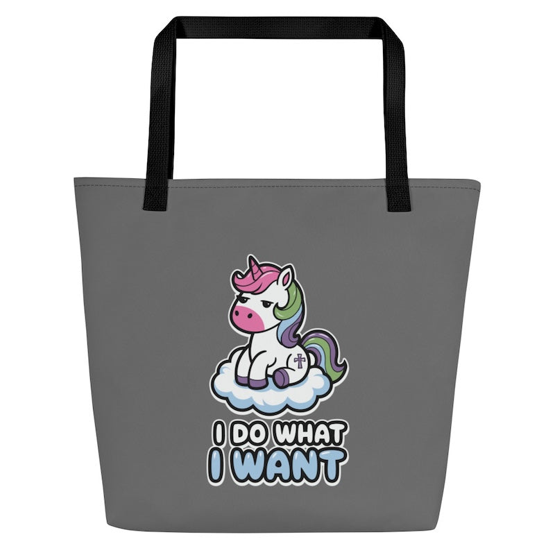 Gray tote bag with a unicorn graphic and text on a white background