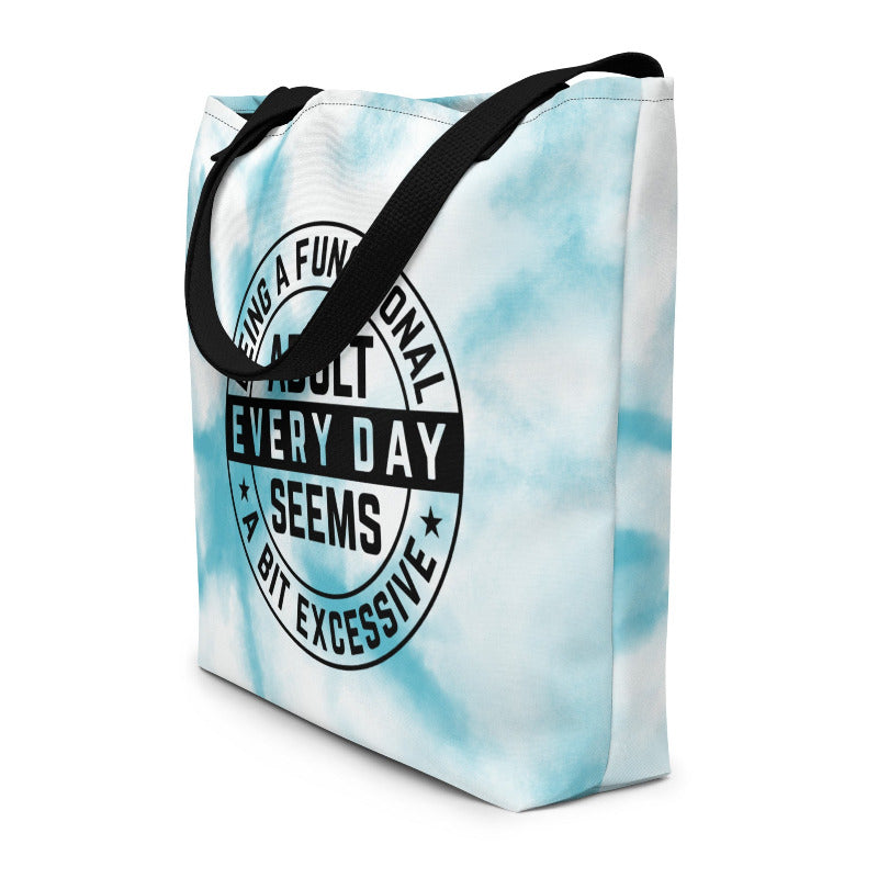 Tote bag with tie-dye pattern and black text on a white background