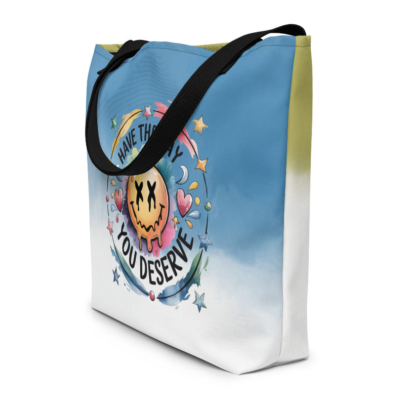 Tote bag with smiley face design and text on a blue and white gradient background