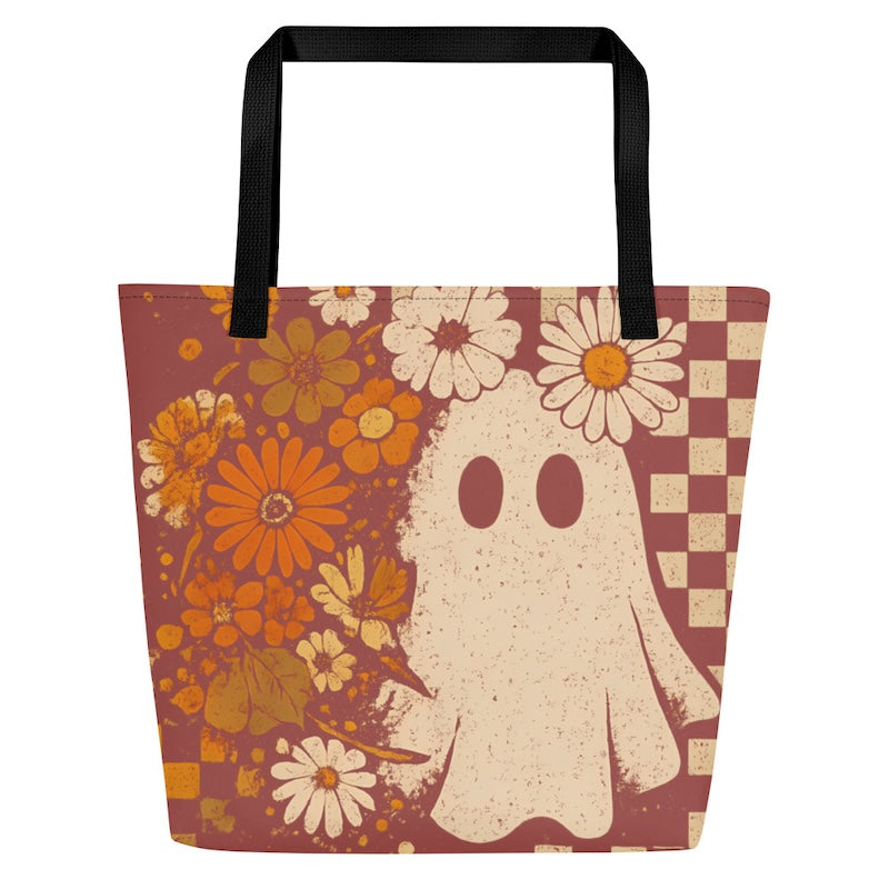 Tote bag with ghost and floral design on a checkered background