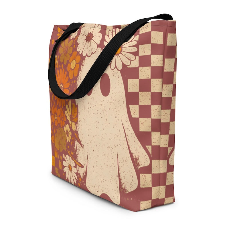 Tote bag with floral and checkered design on a white background
