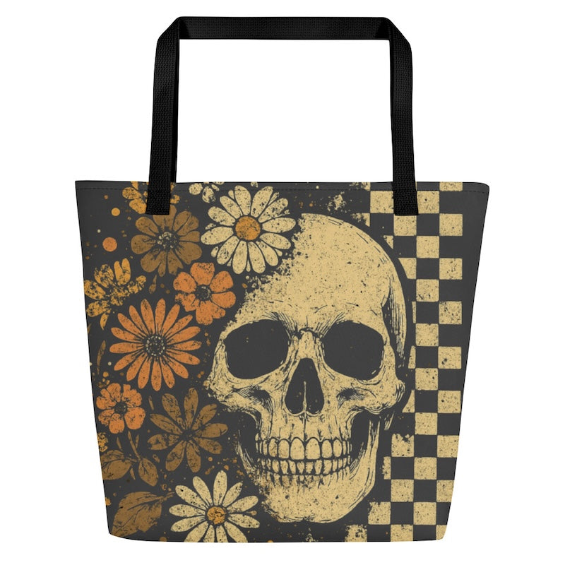 Tote bag with skull and floral design on a checkered background