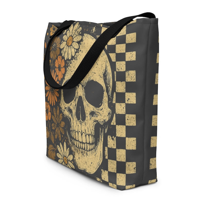 Tote bag with skull and floral design on a checkered background