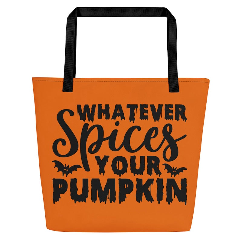 Orange tote bag with black text and bats on a white background