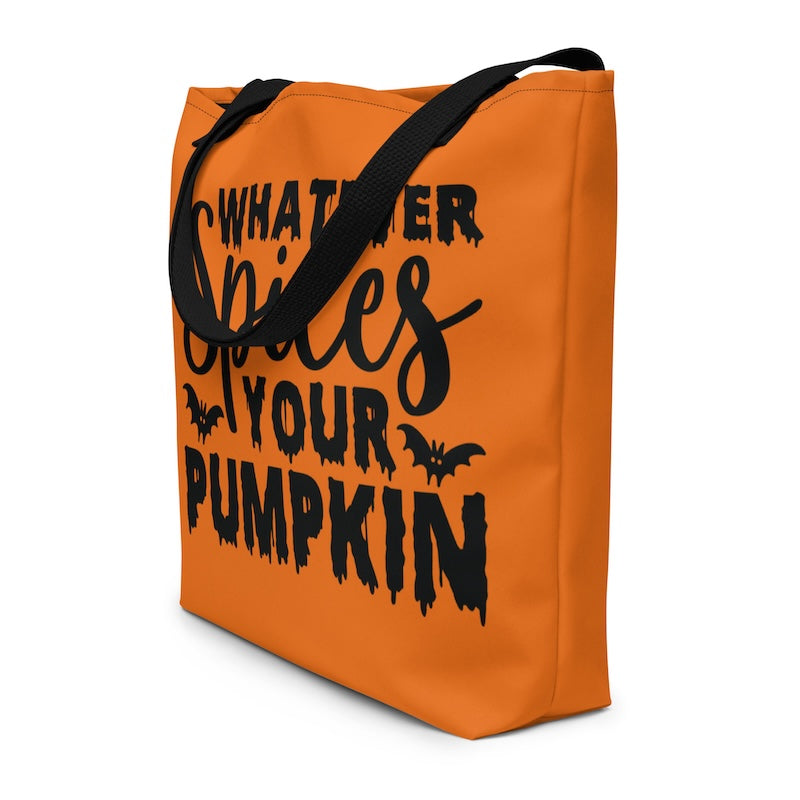 Orange tote bag with black text and bats on a white background
