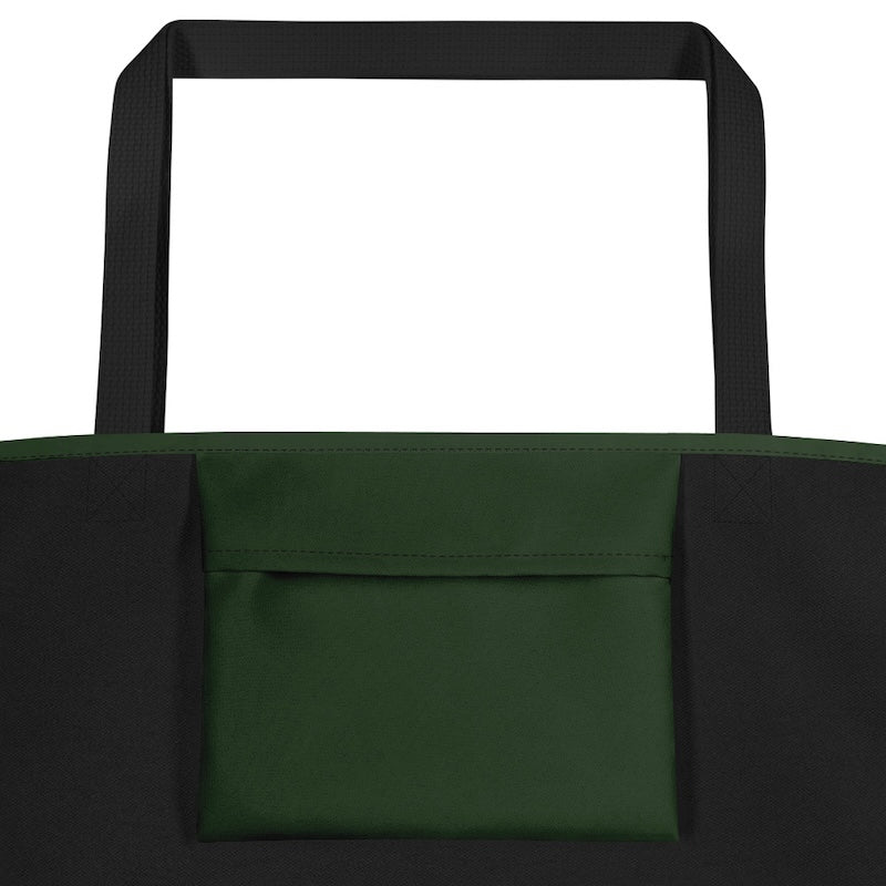Green and black tote bag with a clear plastic window on a white background