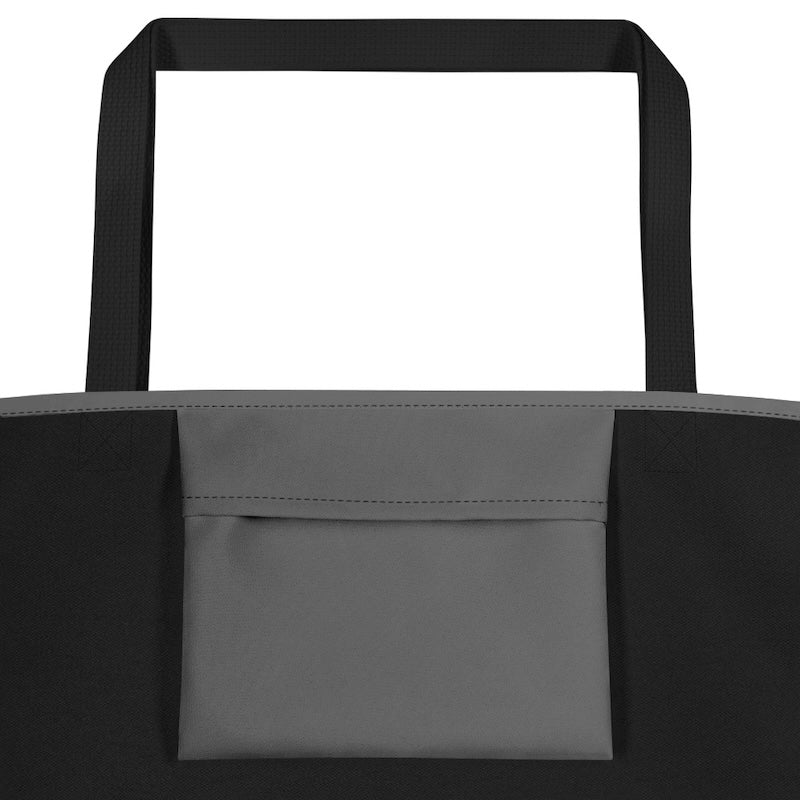 Black tote bag with a gray pocket on a white background