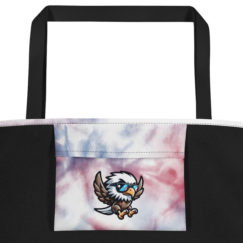 Tote bag with a cartoon eagle design on a tie-dye background