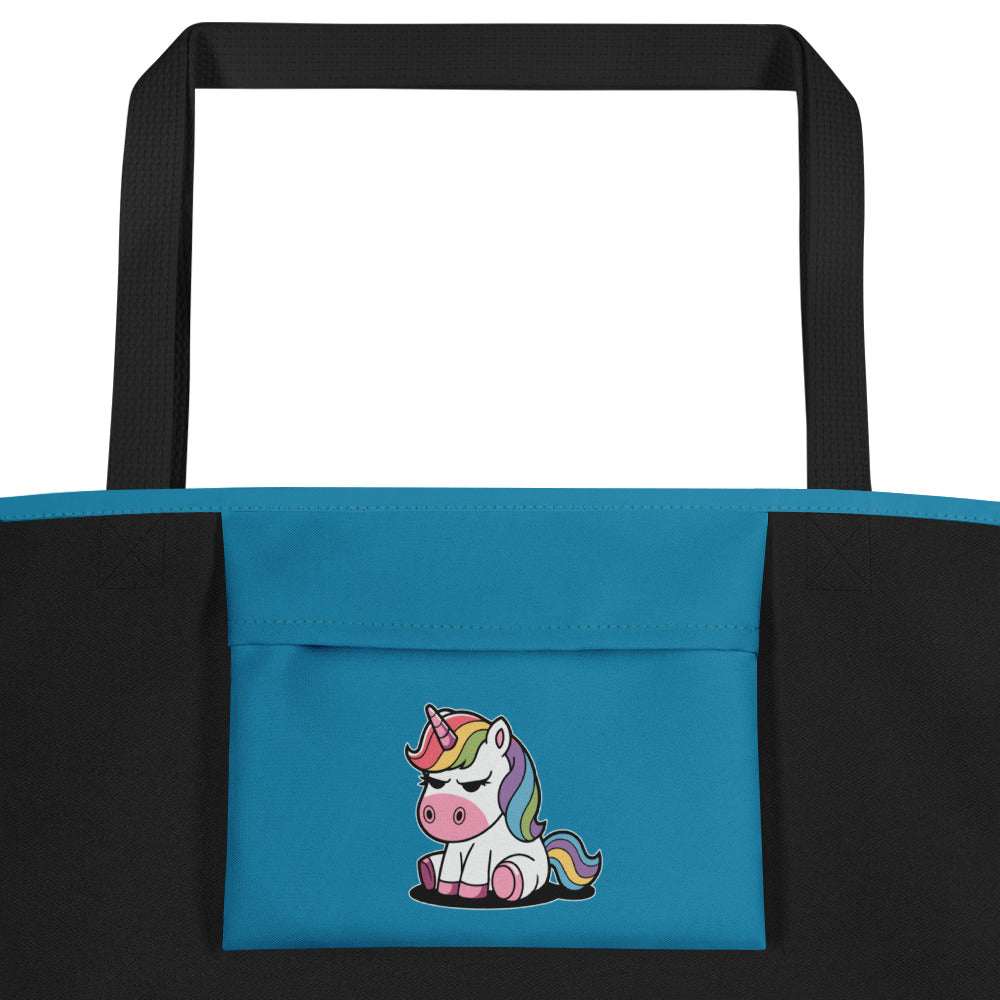 Tote bag with a unicorn design on a blue and black background