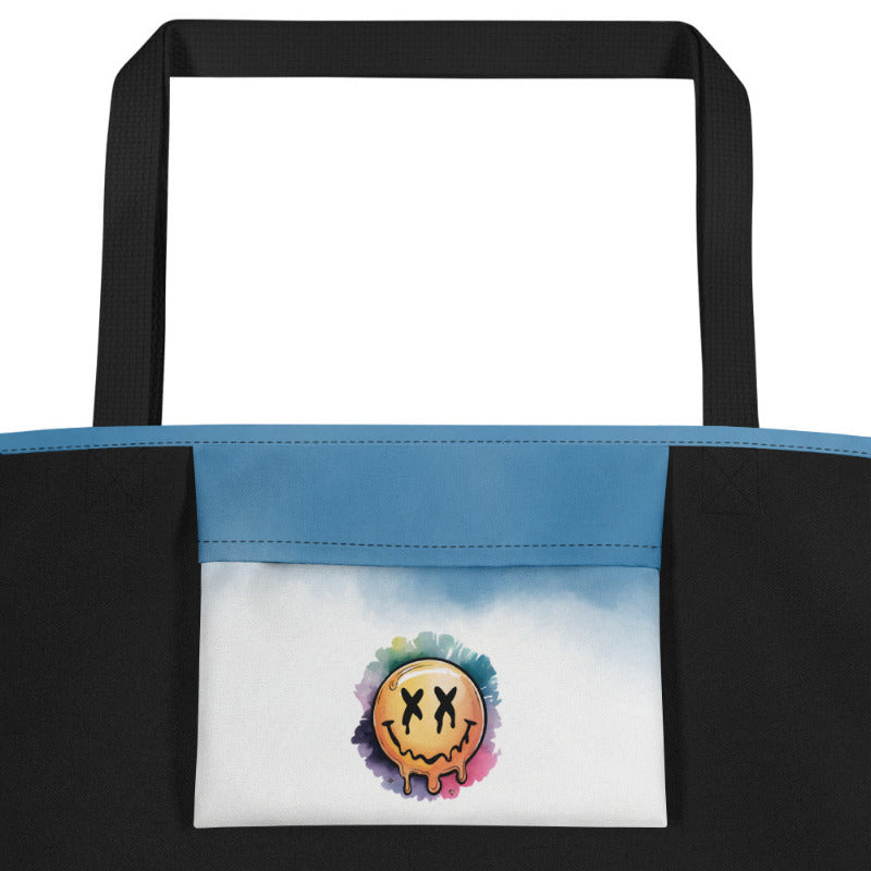 Tote bag with a colorful smiley face design on a white background