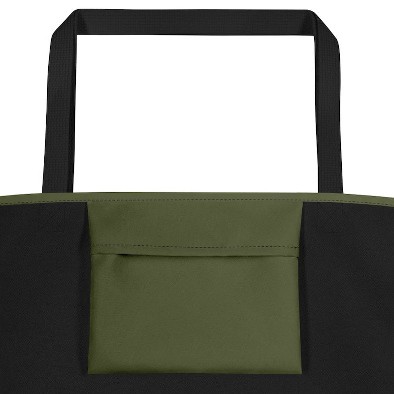 Green and black tote bag with a clear window on a white background
