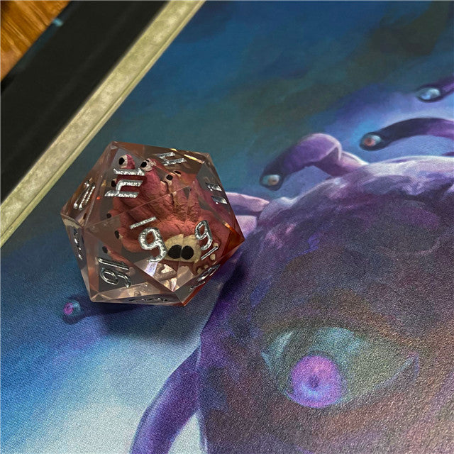 D20 polyhedral dice on a fantasy-themed background